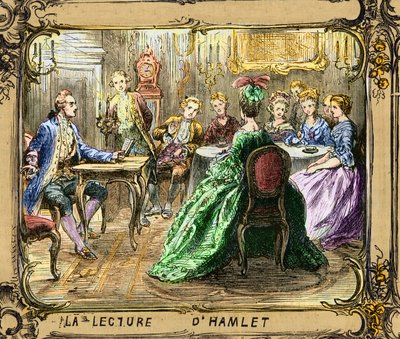 La lecture de Hamlet（莎士比亚）--朗读《哈姆雷特》--约翰-沃尔夫冈-冯-歌德于 1770 年在斯特拉斯堡--根据路德维希-皮特希（1824-1911 年）的作品雕刻 作者 路德维希（后）皮奇