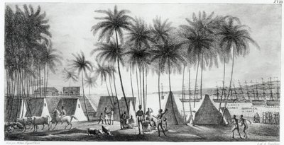 来自“环游世界”的三明治群岛的Hanarourou港口，由G. Langlume（1822-40）1822年刻。 作者 路德维希·克里斯（Ludwig Choris）