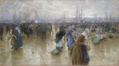 阿尔托纳的鱼市场，1890年在纸板上粉彩 作者 Ludwig Dettmann