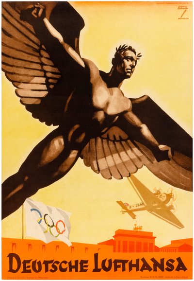 德国汉莎航空公司，德国航空公司宣传 1936 年纳粹德国奥运会的海报（海报） 作者 路德维希·霍尔文