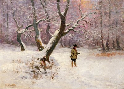 有猎人的冬季风景（布面油画） 作者 路德维希·芒特（Ludwig Munthe）