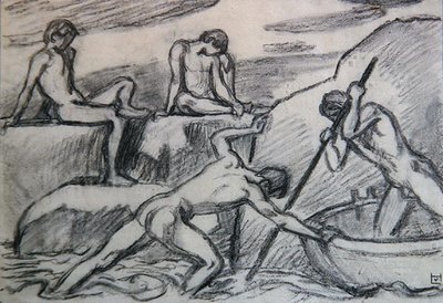 绿色海岸上的裸体船夫和青年（纸上石墨画） 作者 路德维希·冯·霍夫曼