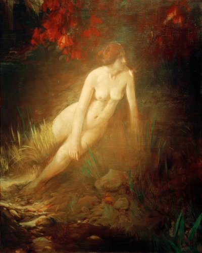 在岩石上，花岸上的女性裸体 作者 Ludwig von Hofmann