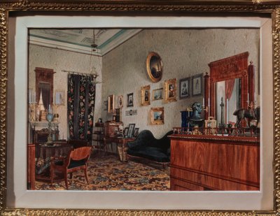 米哈伊尔-奥布列斯科夫家中的书房。Luigi Premazzi（1814-1891 年）的作品，纸上水彩画 作者 路易吉·普雷马齐（Luigi Premazzi）
