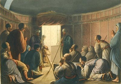 圣墓教堂的入口，摘自《巴勒斯坦的风景》，1804年伦敦印刷（彩色平印）。 作者 路易吉（继）梅耶尔