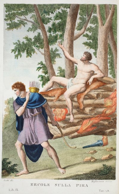 Pyre或Ercole sulla Pira的赫拉克勒斯，第九册，奥维德的变形图，佛罗伦萨，1832年的插图（手工彩色雕刻） 作者 Luigi Ademollo