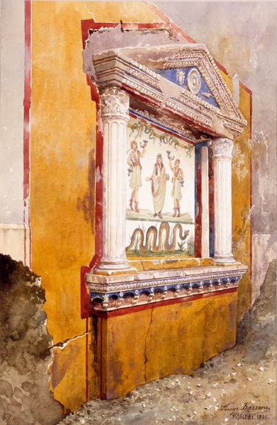家庭祭坛的Lararium，在挖掘后原地看到，Aulus Vettius的房子，庞贝城，c.36-39 AD，1895 作者 路易吉·巴扎尼（Luigi Bazzani）