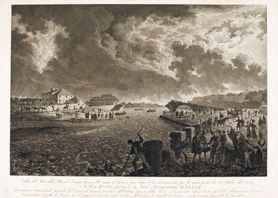 1822 年 10 月 26 日 Bisagno 洪流泛滥之后，热那亚皮拉桥的景色（蚀刻，约 1822 年） 作者 路易吉·加里波