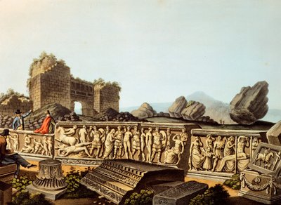 土耳其，以弗所，欧洲游客在观看大理石浮雕，作者：路易吉-迈尔，版画 作者 路易吉·梅耶（Luigi Mayer）