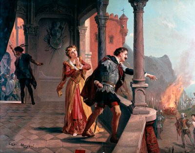 Manrico 咏叹调的插图，Di quel pira Act III，在 Il Trovatore，朱塞佩·威尔第 (Giuseppe Verdi) 的歌剧 作者 路易吉·莫加里（Luigi Morgari）