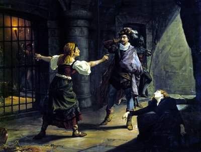 朱塞佩威尔第 (1813-1901) 的 Le Fere (Il Trovatore)。 Luigi Morgari 的彩色石版画 作者 路易吉·莫加里（Luigi Morgari）