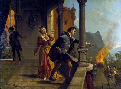 朱塞佩·威尔第 (Giuseppe Verdi) 的 Le Trouvère (il Trovatore)。 Luigi Morgari 的 chromolithograph 作者 路易吉·莫加里（Luigi Morgari）