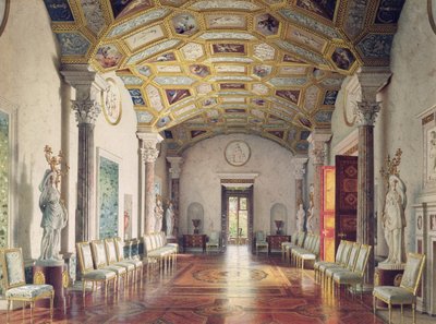 1859年在Tsarskoye Selo的凯瑟琳宫的大玛瑙大厅（纸张上的白色和白色） 作者 路易吉·普雷马齐（Luigi Premazzi）
