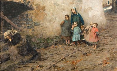 痛苦的学校 看着母亲哭泣的孩子们 绘画，路易吉-罗西（1853-1923），1895 年 私人收藏 作者 路易吉·罗西（Luigi Rossi）