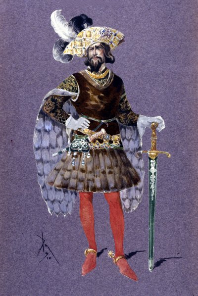 蓝胡子。 路易吉·萨佩利·卡兰巴 (Luigi Sapelli Caramba，1865-1936) 于 1910 年为保罗·杜卡斯 (Paul Dukas) 的歌剧《阿丽亚娜》和《蓝胡子》绘制的画作 作者 路易吉·萨佩利·卡兰巴（Luigi Sapelli Caramba）