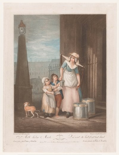 牛奶
女仆下面的牛奶（物品上的标题）
Straatroepen van Londen（系列名称）
伦敦的哭声（系列名称） 作者 路易吉·夏瓦尼蒂（Luigi Schiavonetti）