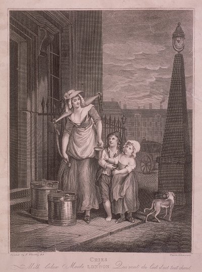 女仆下面的牛奶》，《伦敦的呼声》，约1795年 作者 路易吉·夏瓦尼蒂（Luigi Schiavonetti）
