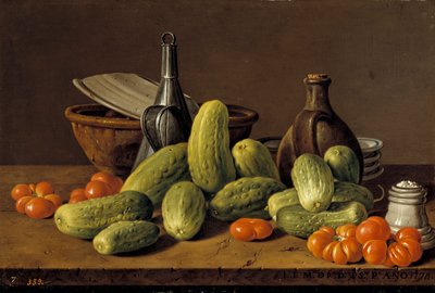 西班牙文：Bodegón con pepinos, tomates y recipientes 有黄瓜、番茄和容器的静物 作者 路易斯·埃吉迪奥·梅伦德斯