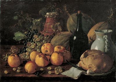 苹果、葡萄、甜瓜、面包、水壶和瓶子的静物画 作者 路易斯·埃吉迪奥·梅伦德斯
