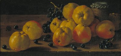 苹果、葡萄和一罐果酱静物画 作者 路易斯·埃吉迪奥·梅伦德斯
