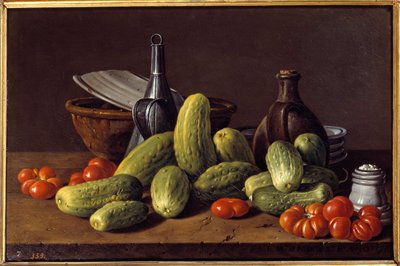静物：黄瓜、西红柿和容器。 路易斯·梅伦德斯 (Luis Melendez) 的绘画 (1716 - 1780) 作者 路易斯·埃吉迪奥·梅嫩德斯（Luis Egidio Menendez）或梅伦德斯（Melendez）