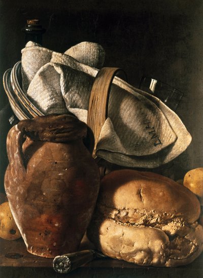 茶巾、水壶和面包的静物画 作者 路易斯·埃吉迪奥·梅嫩德斯（Luis Egidio Menendez）或梅伦德斯（Melendez）