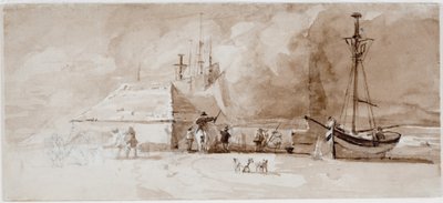 海滩场景与骑士（铅笔和卡上的水彩） 作者 卢克·克莱内尔