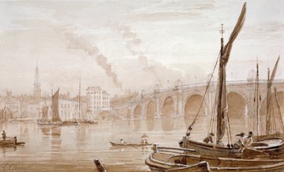 从萨里海岸看布莱克弗里尔桥，前景有船，伦敦，约1825年 作者 卢克·克莱内尔