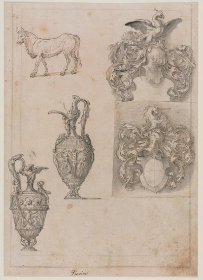 为两个花瓶、两件徽章和一头公牛设计（右图） 作者 卢齐奥·罗马诺（Luzio Romano）
