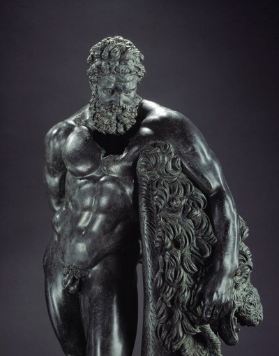 Greek Art: “” Heracles at rest”” Detail - Bronze sculpture of Lysippe of Sicyone (395-305 BC) 4th century BC, from the Shrine of Ercole Curino, Sulmona - Museo Nazionale Archeologico, Chieti Italy - Herakles (Hercules) resting - Detail of the bronze sculpt 作者 Lysippus（归属于）