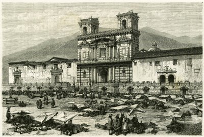 The Cathedrale of Quito (capital of present-day Ecuador) and the popular entertainment on its square. Engraving by Clerget and Ferdinandus, to illustrate the story “Equinoxiale America”” 作者 M.（之后）费迪南德斯