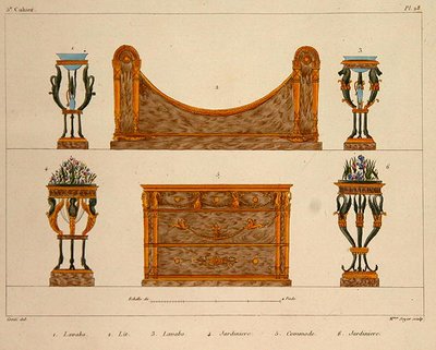 家具设计，由索耶夫人雕刻，板块28来自 "Modeles de Meubles et de decorations interieures pur les meubles"，1828/41出版（彩色印刷）。 作者 M.（后）桑蒂