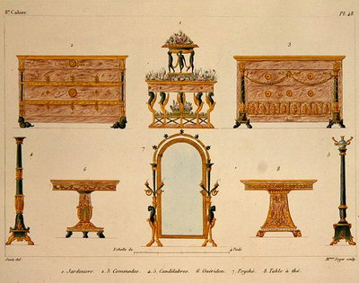 家具设计，由索耶夫人雕刻，板块48来自 "Modeles de Meubles et de decorations interieures pur les meubles"，1828/41出版（彩色印刷）。 作者 M.（后）桑蒂