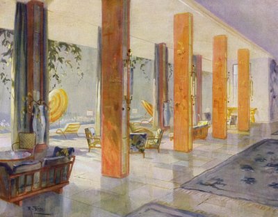 1930 年代室内设计：酒店花园大厅（彩色石版画） 作者 金牛座