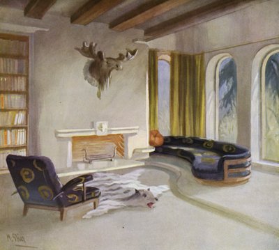 1930s interiors: Smoking room in a country house (colour litho) 作者 金牛座