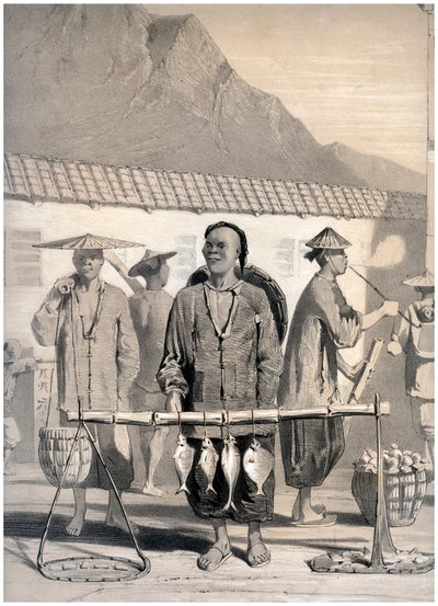 中国香港维多利亚街的鱼贩子，约1860年。 作者 M和N汉哈特