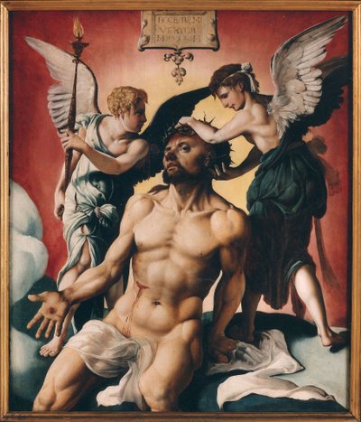 在两个天使之间戴着荆棘冠冕的基督，1532年。 作者 Maarten Jacobsz Heemskerck van