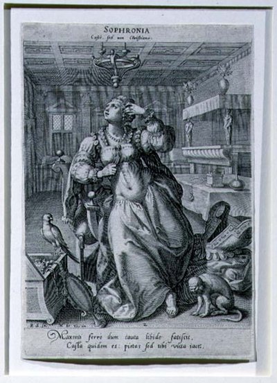 Sophronia，出自描绘 "作为贞洁象征的三个女人 "的系列，由拉斐尔-萨德勒一世（1561-1632）雕刻，约1590年（雕刻）。 作者 Maarten de（之后）Vos