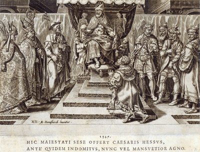 1547年，Hesen Landgrave of Hesen的提交，来自“查理五世皇帝的军事成就”的第12页，由Dirk Volkertsz Coornhert（1522-90）雕刻，1555年（雕刻和蚀刻） 作者 马尔滕·范·海姆斯克