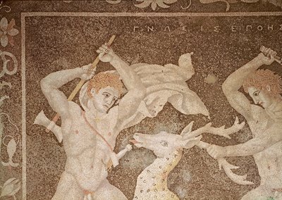 狩猎雄鹿》，猎人细节，选自 "海伦被绑架的房子"（马赛克）。 作者 马其顿语