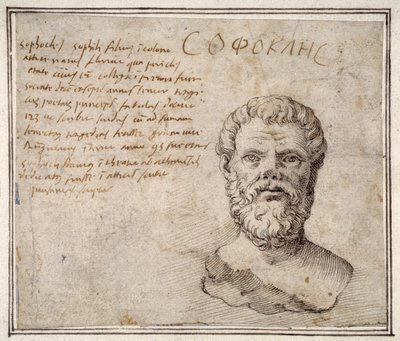 古代索福克勒斯的半身像，有注释，仿照Fulvio Orsini（纸上笔墨）。 作者 梅尔滕·范·海姆斯克