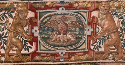 教区博物馆（Museo Diocesano）。弗拉芒挂毯。布鲁塞尔。弗朗索瓦-格伯斯工作室。基甸的故事系列。以色列人将战利品的一部分交给基甸（Los israelitas entregan a Gedeón su parte del botín）。丝绸和羊毛。比绍的遗赠 作者 梅尔滕·范·海姆斯克