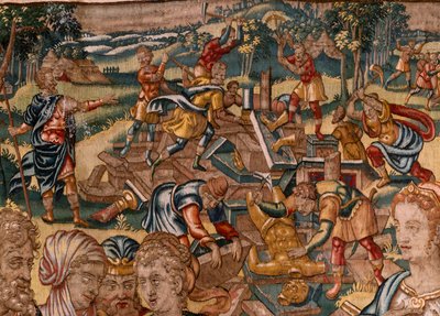 教区博物馆（Museo Diocesano）。弗拉芒挂毯。布鲁塞尔。弗朗索瓦-格伯斯工作室。基甸的故事系列。约阿施得知基甸摧毁了巴力祭坛（Comunican a Yoás que Gedeón ha derribado el altar de Baal）。丝绸和羊毛。遗赠 作者 梅尔滕·范·海姆斯克