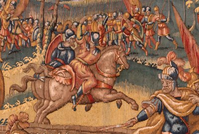 教区博物馆（Museo Diocesano）。弗拉芒挂毯。布鲁塞尔。弗朗索瓦-格伯斯工作室。基甸的故事系列。勇士被选中》（La elección de los guerreros）。丝绸和羊毛。Vicente Roca de la Serna 主教遗赠。巴洛克风格。1534 年至 1571 年，巴洛克风格。 作者 梅尔滕·范·海姆斯克