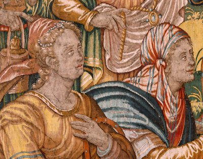 教区博物馆（Museo Diocesano）。弗拉芒挂毯。布鲁塞尔。弗朗索瓦-格伯斯工作室。基甸的故事系列。以色列人将战利品的一部分交给基甸（Los israelitas entregan a Gedeón su parte del botín）。丝绸和羊毛。比绍的遗赠 作者 梅尔滕·范·海姆斯克