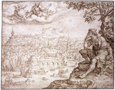 Jonah，坐在葫芦下，考虑尼尼微市，1566年（笔和棕色墨水用手写笔在纸上切开） 作者 梅尔滕·范·海姆斯克