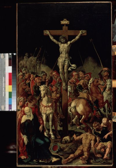 "髑髅地 十字架。十字架上刻有 "INRI "字样。三联画的中央画板。尺寸：100.7x58.3 厘米 圣彼得堡艾尔米塔什博物馆。 作者 梅尔滕·范·海姆斯克