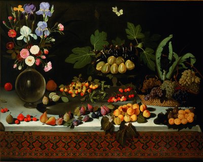 桌子上的花和水果，约1600年。 作者 Maestro di Hartford