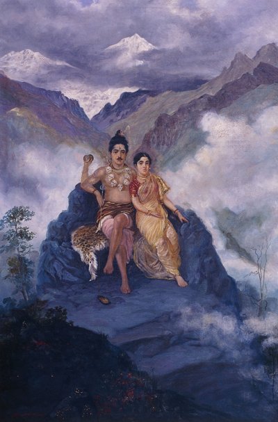 湿婆神和帕尔瓦蒂勋爵在卡拉什山（布面油画） 作者 玛哈戴夫·维什瓦纳特·杜兰达尔
