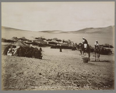 在（大概是）埃及的沙漠中扎营，有帐篷和骆驼 沙漠场景：到达 chameliers à un Campement de tribu。 （对象上的标题） 作者 邦菲尔斯之家